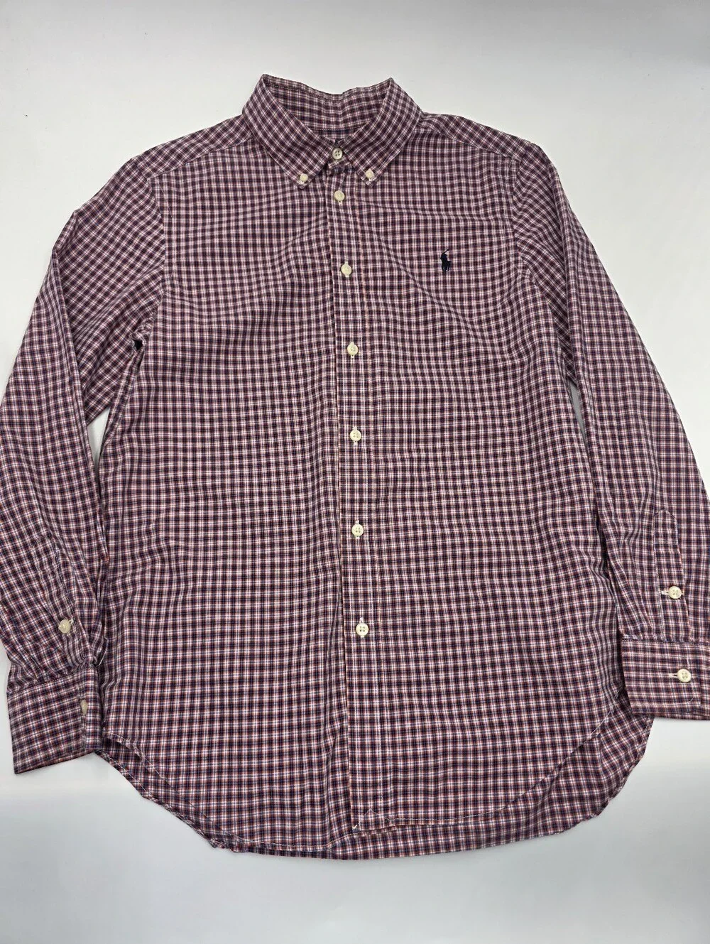 Ralph Lauren boys' navy and orange plaid button down shirt size L